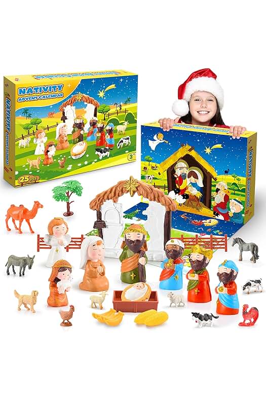 Calendario de Adviento para Niños con Figuras de Belén y Juguetes Navideños