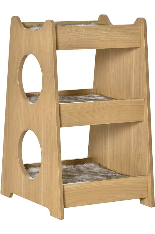 Cama para gatos de madera natural con múltiples entradas y niveles para gatitos.