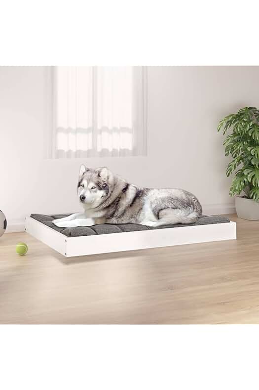 Cama para perro de madera maciza de pino, color blanco, tamaño 101,5 x 74 x 9 cm.