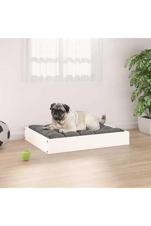 Cama para perro de madera maciza de pino, color blanco, tamaño 61,5 x 49 x 9 cm.