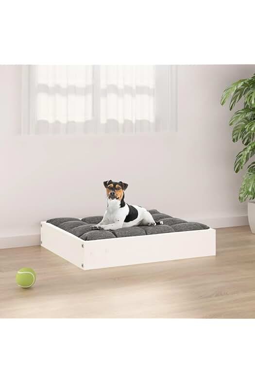 Cama para perro de madera maciza de pino en color blanco, 51,5 x 44 x 9 cm.