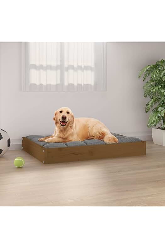 Cama para perro de madera maciza de pino en color marrón miel, tamaño 71,5 x 54 x 9 cm.