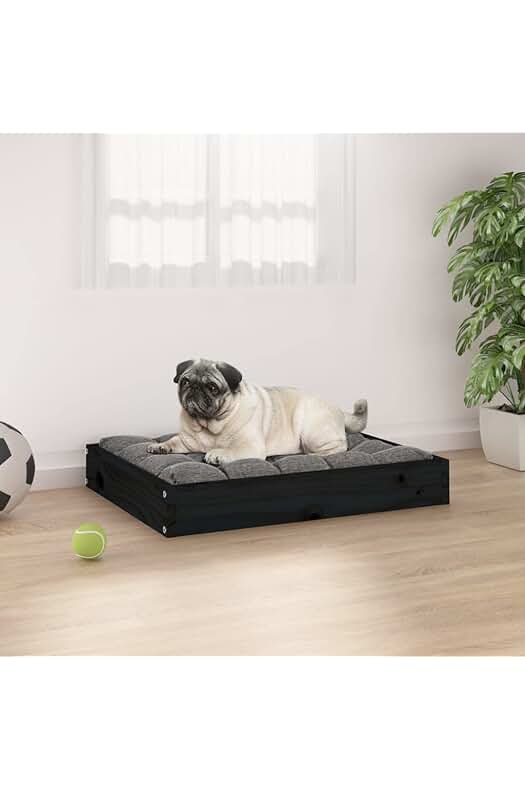 Cama para perro de madera maciza de pino en color negro, tamaño 61,5 x 49 x 9 cm.