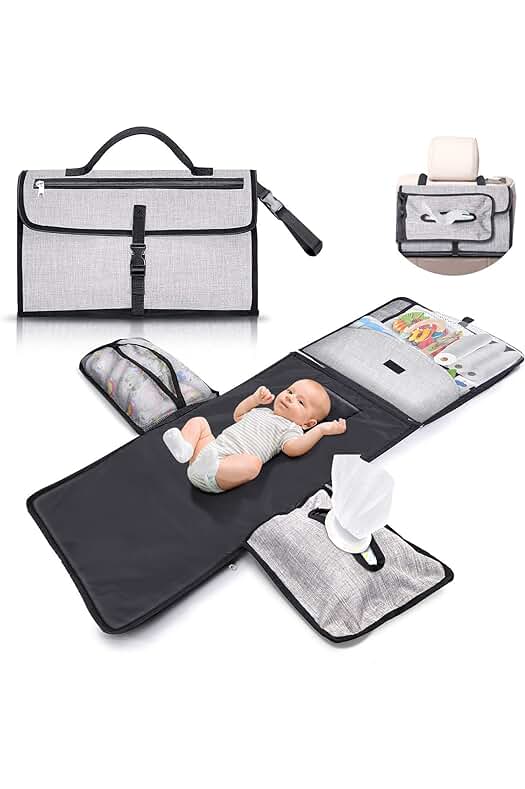 Cambiador de pañales portátil e impermeable con múltiples compartimentos y cojín para bebé.