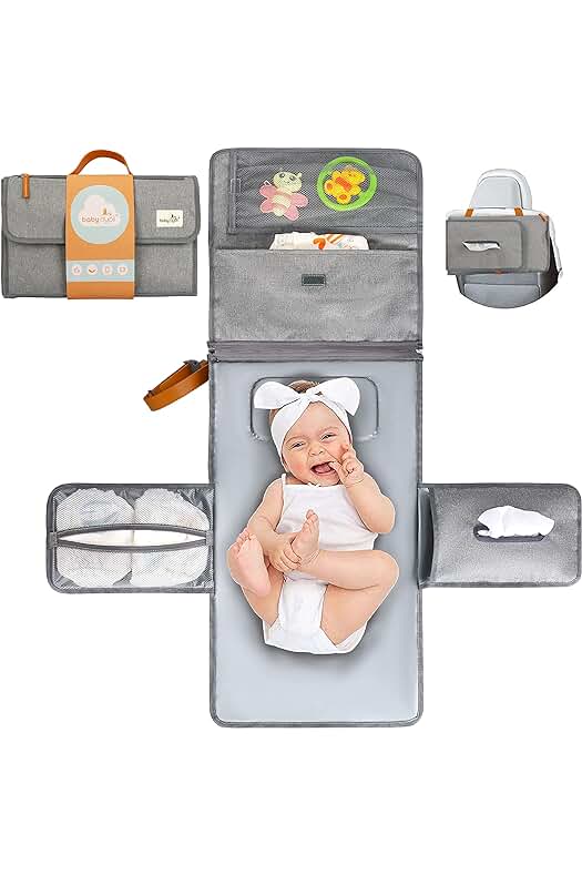 Cambiador de pañales portátil impermeable con bolsa desmontable y dispensador de toallitas.