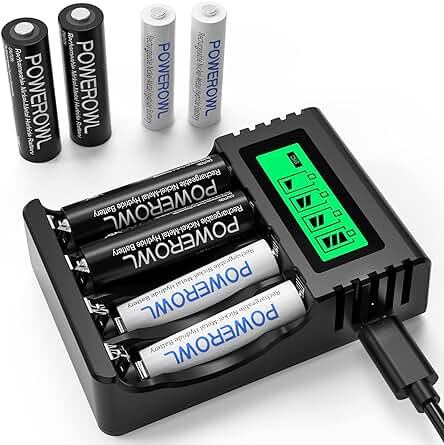 Cargador de Pilas PowerOWL con 4* AA 2800mAh y 4*AAA 1000mAh Baterías Recargables