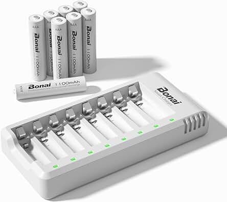 Cargador de Pilas Recargables BONAI con 8 AAA Ni-MH Pilas Recargables, Carga Rápida USB