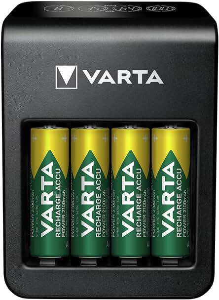 Cargador de pilas VARTA con pantalla LCD y carga rápida para pilas AA/AAA/9V recargables.