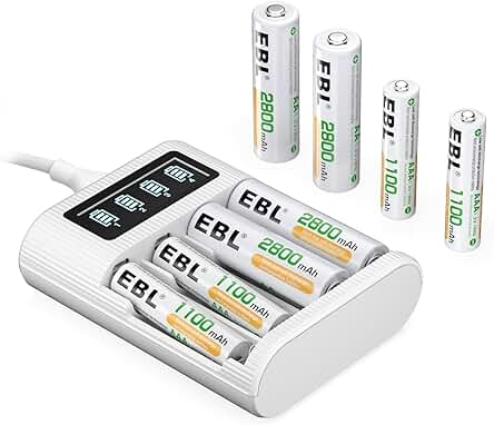 Cargador inteligente de pilas recargables EBL con 4 ranuras y puerto USB.
