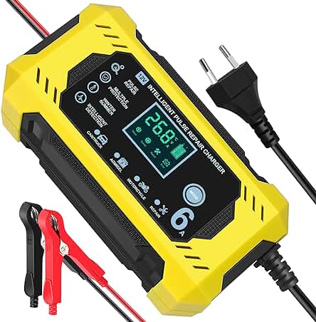 Cargador inteligente para baterías de coches y motos de 12V con múltiples protecciones y pantalla táctil.