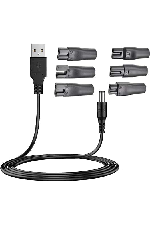 Cargador USB Universal para Afeitadoras, Cortapelos, Depiladoras y más, con 6 adaptadores de enchufe.