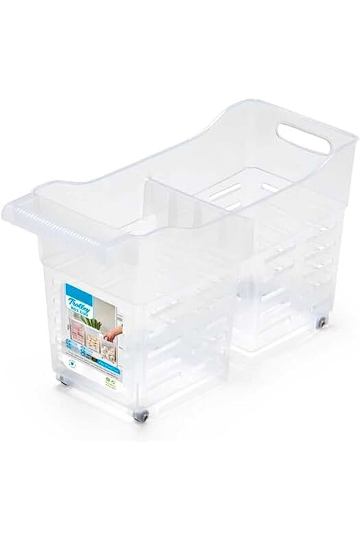 Carrito de plástico multiusos con ruedas y asa para organizar productos de limpieza y cocina.