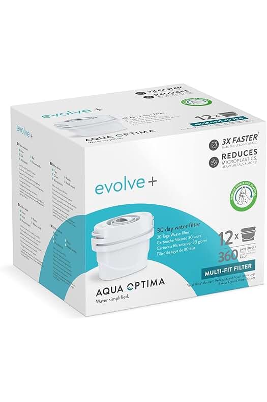 Cartucho de filtro de agua Aqua Optima - Evolve+ (paquete de 12) - sistema de filtración avanzado en 5 etapas para agua pura