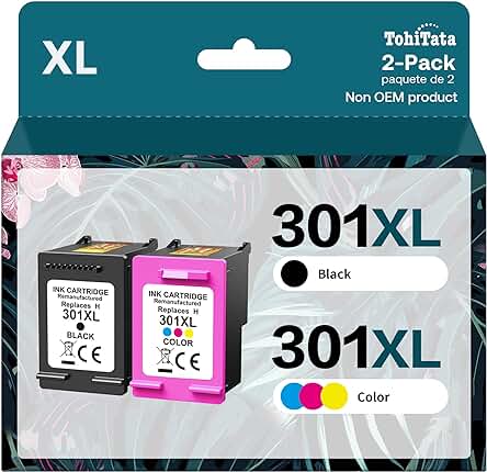 Cartuchos de tinta remanufacturados TohiTata 301XL para HP Envy, DeskJet y OfficeJet.