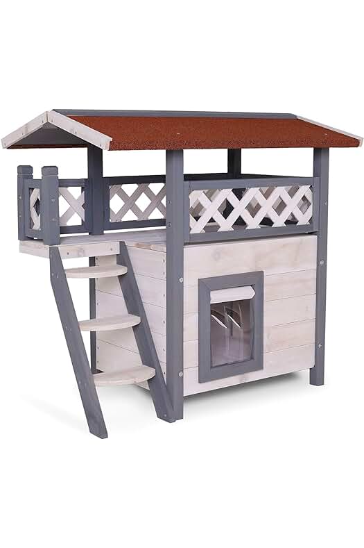 Casa de Gatos Lionto: Caseta de Madera con Terraza 77x50x73 cm en Gris/Blanco.