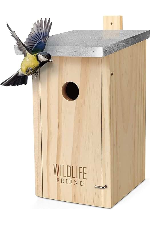 Casa para pájaros con techo de metal y madera maciza, resistente a la intemperie y natural.