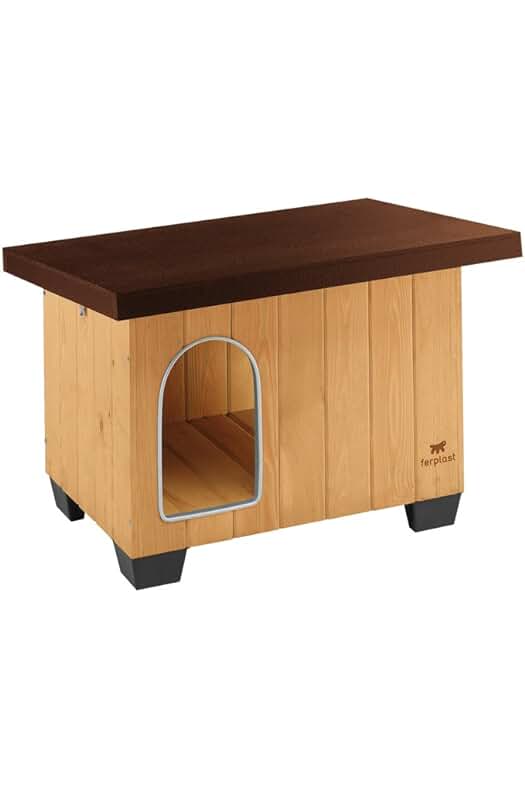 Caseta de perros de madera ecosostenible con puerta resistente a las mordeduras y techo abrible.