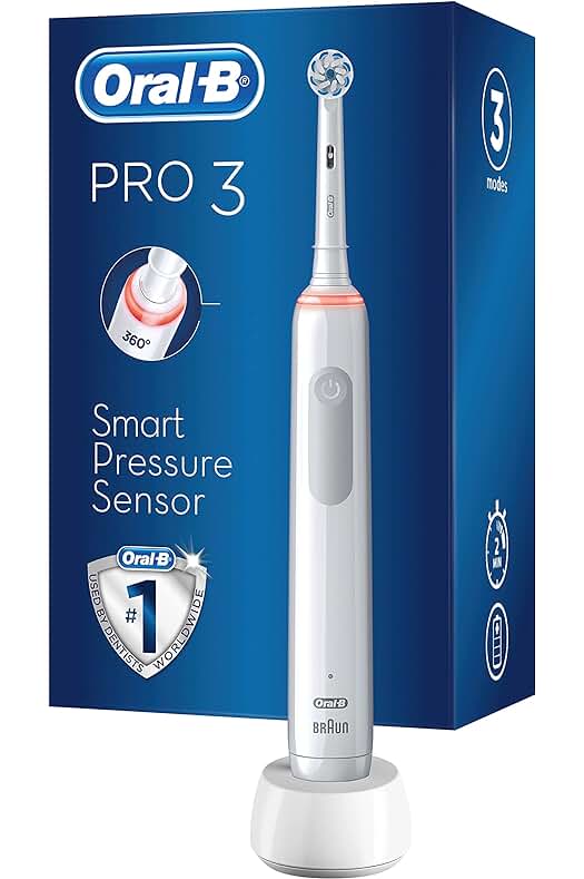 Cepillo de dientes eléctrico Oral-B PRO 3 3000 Sensitive Clean con control de presión y diseño blanco.