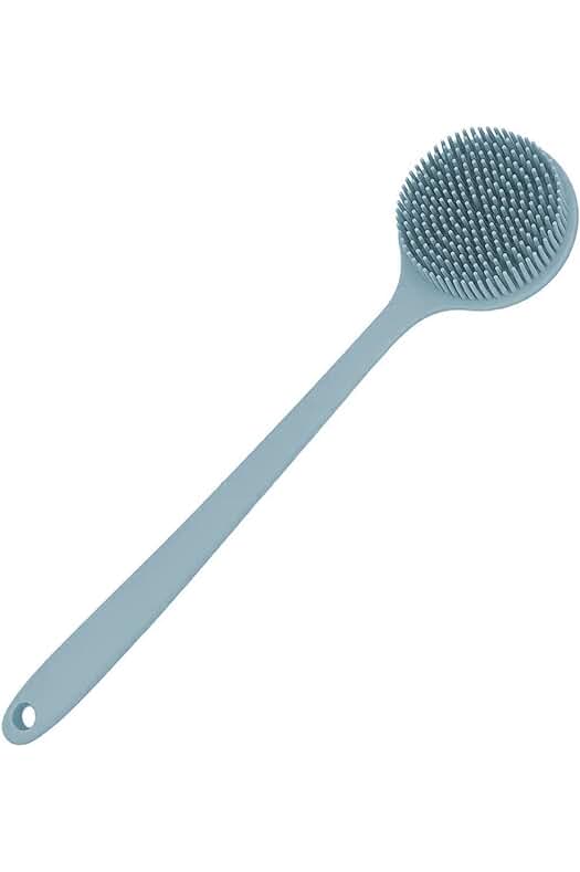 Cepillo de silicona para el cuerpo con cerdas suaves y mango largo antideslizante.