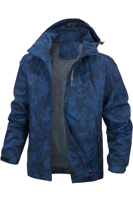 Chaqueta hombre impermeable camuflaje con capucha, ideal para acampar y actividades al aire libre.