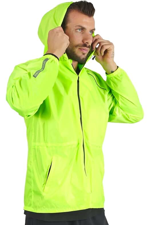 Chubasquero impermeable hombre: cortaviento ligero y transpirable con capucha y detalles reflectantes.