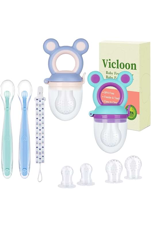 Chupetes de fruta para bebé: Set completo con tetinas de repuesto, alimentador antiahogo y cucharas de silicona.