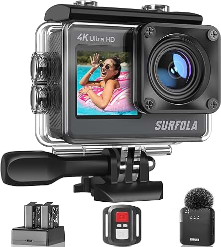 Cámara de acción 4K con micrófono inalámbrico y pantalla doble para deportes acuáticos y vlogs.