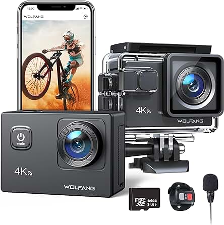 Cámara Deportiva Wolfang GA100: 4K, WiFi, Micrófono Dual, Impermeable 40M, Gran Angular 170°. Accesorios incluidos.