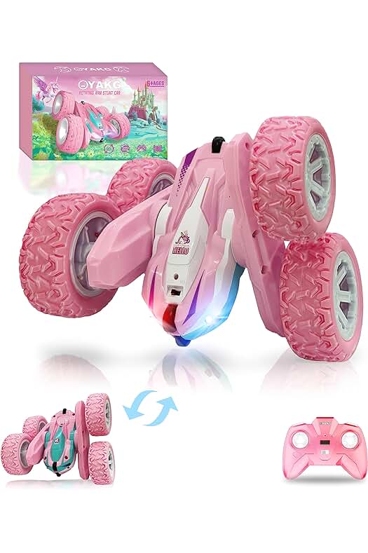 Coche teledirigido para niños: Unicornio RC rosa con batería, rotación 360° y luz.