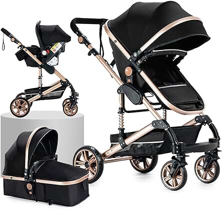 Cochecito de Bebé Multifuncional 3 en 1 para Viajes de Lujo (739 Black Gold)