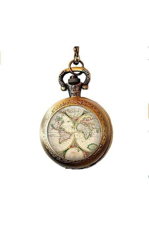 Collar de reloj de bolsillo con encanto de globo terráqueo vintage