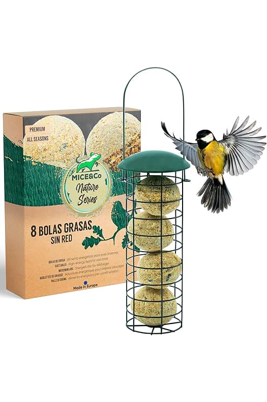 Comedero para aves silvestres con bolas de grasa para exterior - Pack completo de alimentación.