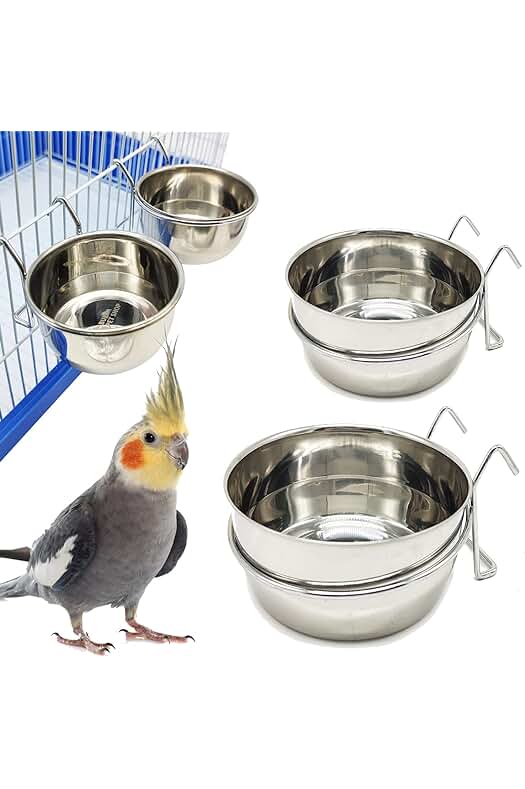 Comedero y bebedero colgante de acero inoxidable para jaula de pájaros - Práctico y duradero.