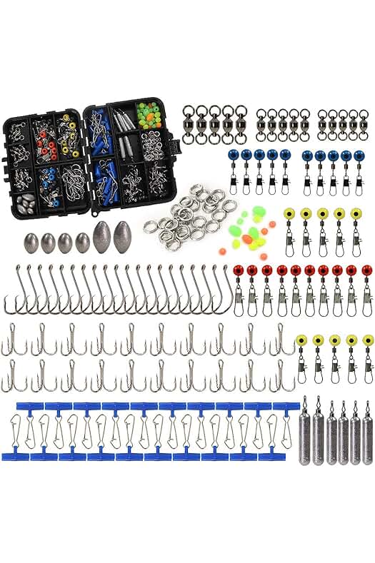 Conjunto completo de Accesorios de Pesca: Pesas, Emerillones, Anzuelos y más en una caja de aparejos.
