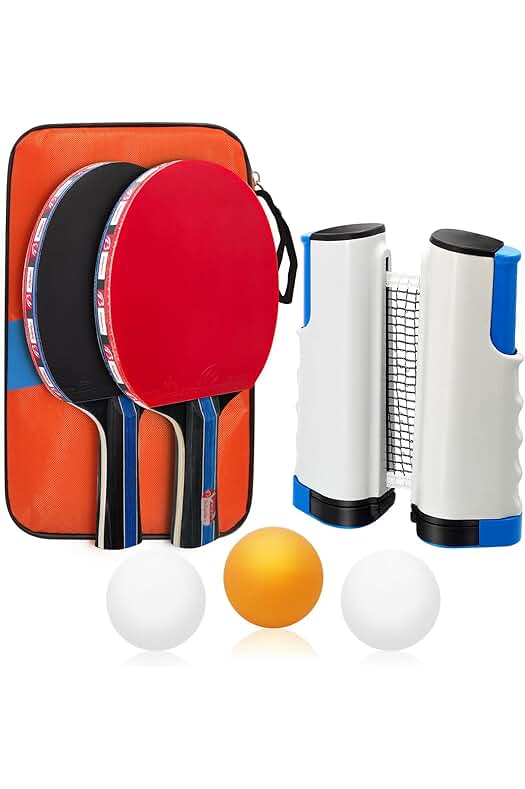 Conjunto completo de ping pong con raquetas, pelotas, red y bolsa de transporte.