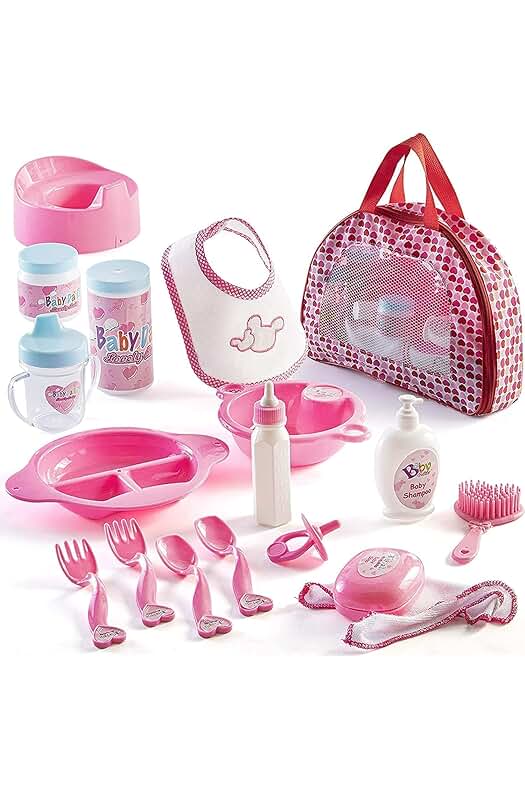 Conjunto de 18 adorables accesorios para muñecas bebé, incluye funda de transporte con cremallera.