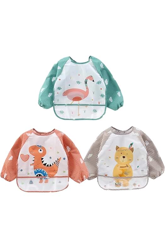 Conjunto de 3 Baberos con Manga Larga Impermeables para Bebés de 6 a 36 meses.