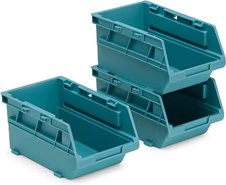 Conjunto de 3 cajas de almacenamiento de plástico apilables para organizar herramientas y tornillos.