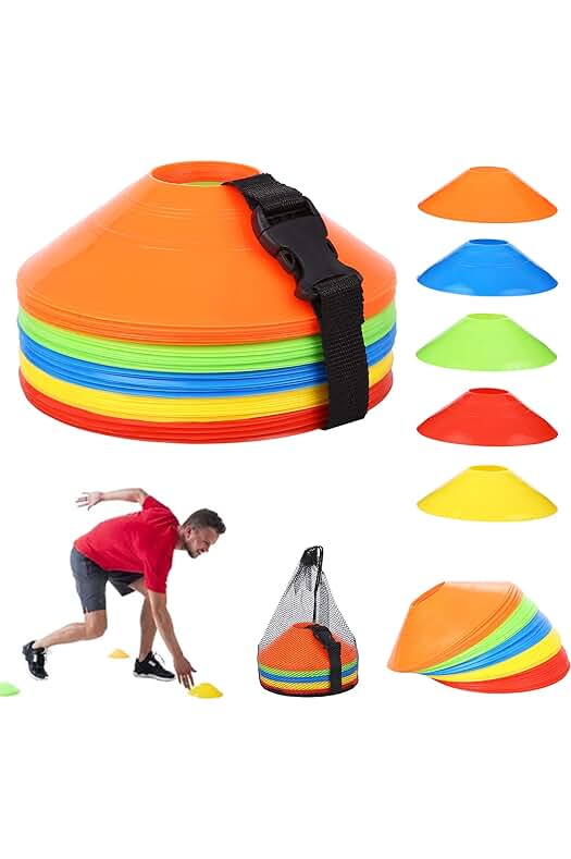 Conjunto de 50 Conos de Fútbol con Correas, Bolsillos de Malla y Colores Variados.