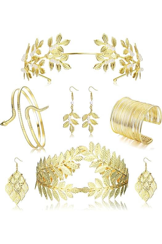 Conjunto de Accesorios de Disfraz de Diosa Griega: Corona de Laurel, Diadema de Serpiente, Pulsera y Aretes Dorados.