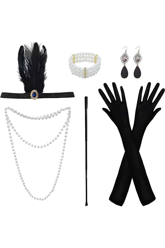 Conjunto de Accesorios de los Años 20: Diadema, Collar, Guantes y Aretes con Estilo Gatsby.