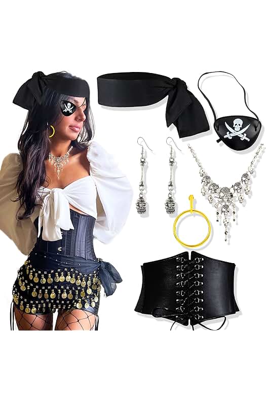 Conjunto de accesorios de pirata para disfraces: diadema, parche, pendiente, collar, cinturón.