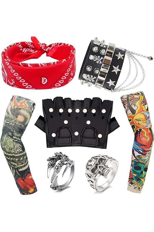 Conjunto de Accesorios de Rock para Disfraces: Mangas de Tatuaje, Bandana, Guantes, Pulsera y Anillos