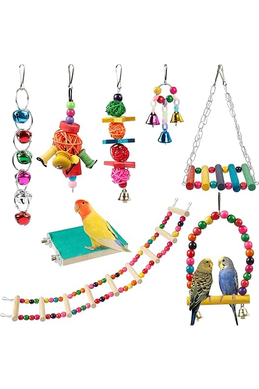 Conjunto de accesorios divertidos para jaulas de pájaros: juguetes, plataformas y percas coloridas