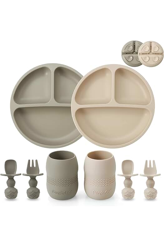 Conjunto de alimentación para bebés de silicona - Platos, tazas, cucharas y tenedores para destete.