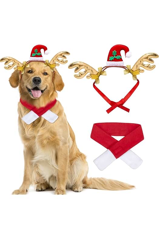 Conjunto de Disfraces de Navidad para Perros Pequeños: Diadema de Astas y Bufanda Navideña.