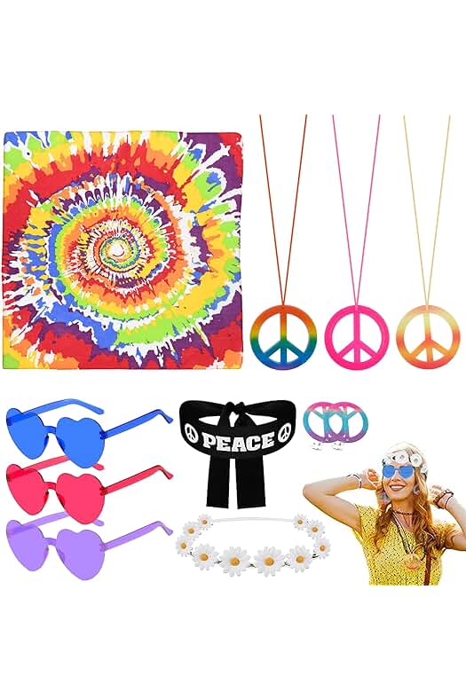 Conjunto de Disfraces Hippie Retro para Fiesta con Accesorios y Joyería de los 60 y 70.