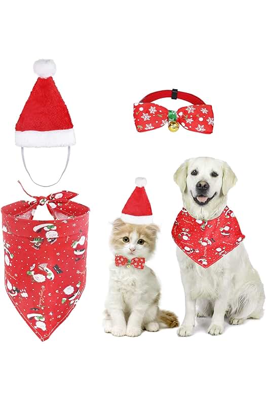 Conjunto de Disfraces Navideños para Mascotas: Collares, Sombrero y Pañuelos para Gatos y Perros.