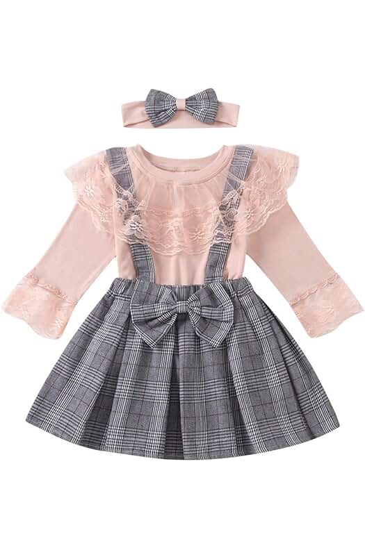 Conjunto de falda de tirantes para niñas pequeñas, blusas de encaje + falda a cuadros + diadema. Ropa de niña para Otoño Invierno.