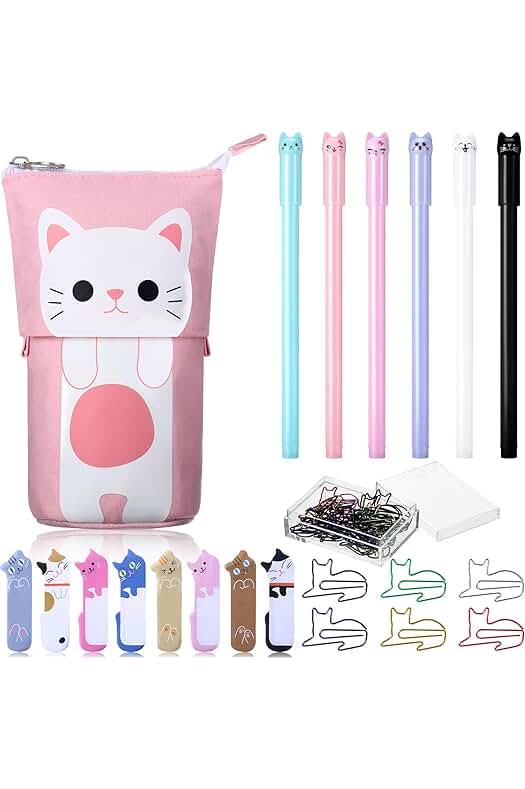 Conjunto de papelería de gato adorable: bolígrafo telescópico, bolígrafos de gel, marcadores y pestañas de índice.